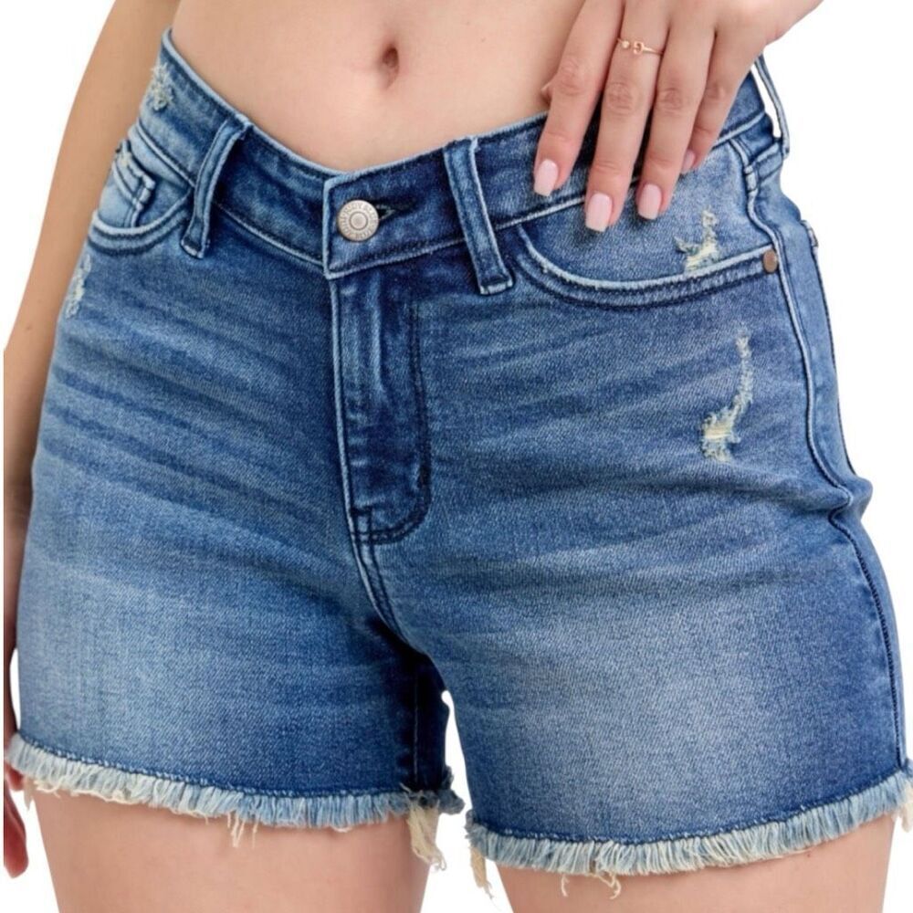 Judy Blue Plus Shorts High Rise V-Front Distressed Frayed Hem Jean Stretch Denim